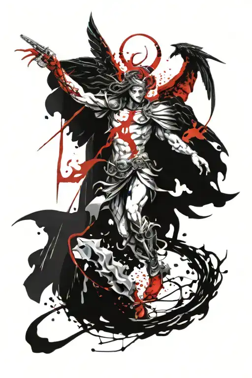 Archangel Michael battles an army of demons tattoo design idea