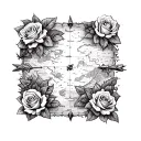 A mysterious treasure map with hidden arrowheads leading to a garden of roses, reflecting the explorer's passion for discovery and beauty tattoo design idea