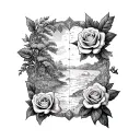 A mysterious treasure map with hidden arrowheads leading to a garden of roses, reflecting the explorer's passion for discovery and beauty tattoo design idea