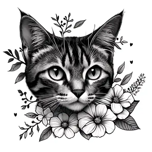 fineline outline of my cat with flowers tattoo design idea