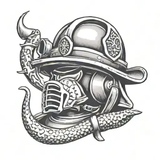 A dotwork tattoo of a firefighter's helmet with a musical note and anchor, representing your dedication to both firefighting and the navy tattoo design idea