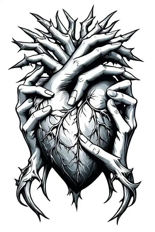 Highly detailed black and grey tattoo design. A thorned heart with intricate shading, embraced by two realistic hands. T tattoo design idea