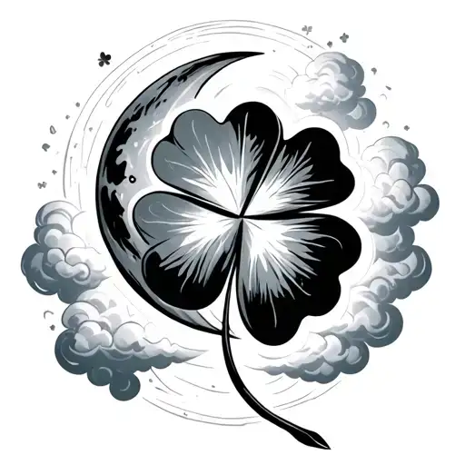 a 4-leaf clover surrounded by a moon and clouds surrounding tattoo design idea