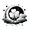 a 4-leaf clover surrounded by a moon and clouds surrounding tattoo design idea