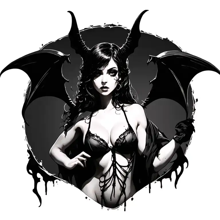Gothic, Succubus, Big Boobs, G-String, Ripped Bra, G-String, Looking To Right, Sexual Pose tattoo design idea