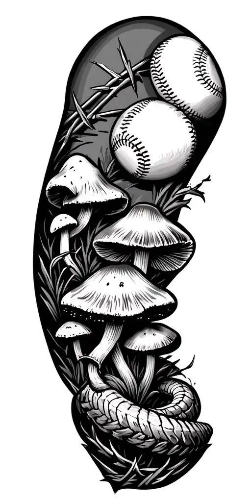 Create an arm sleeve tattoo design with redneck country vibes that has baseball, thin barbed wire, mushrooms, and a snak tattoo design idea