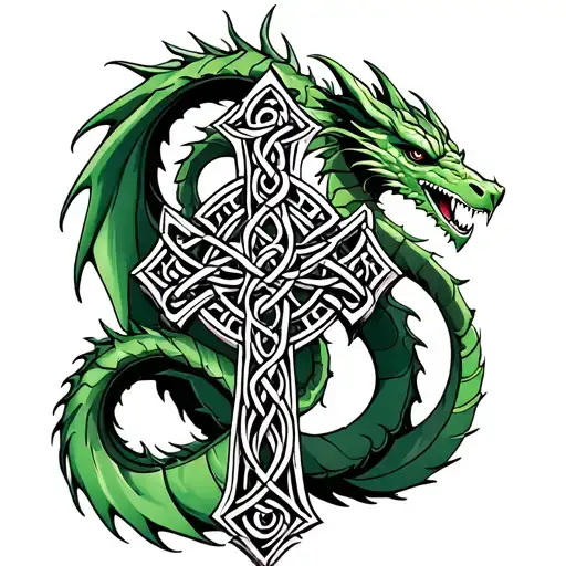 Green Dragon and Celtic cross Knotwork tattoo design idea