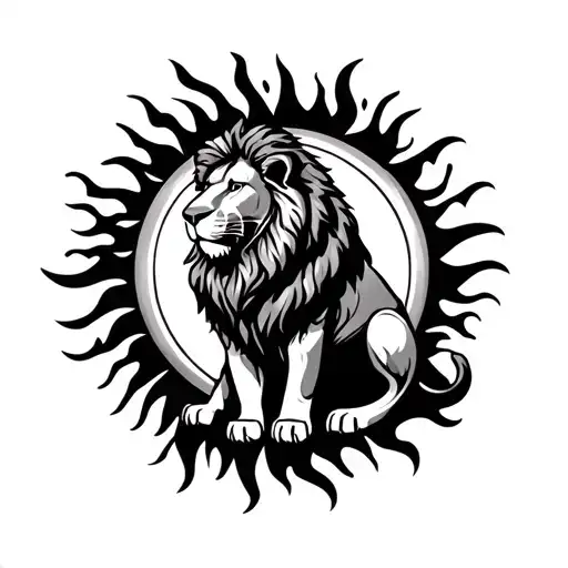 Leo lion sitting under the sun. flames around the sun to represent fire tattoo design idea