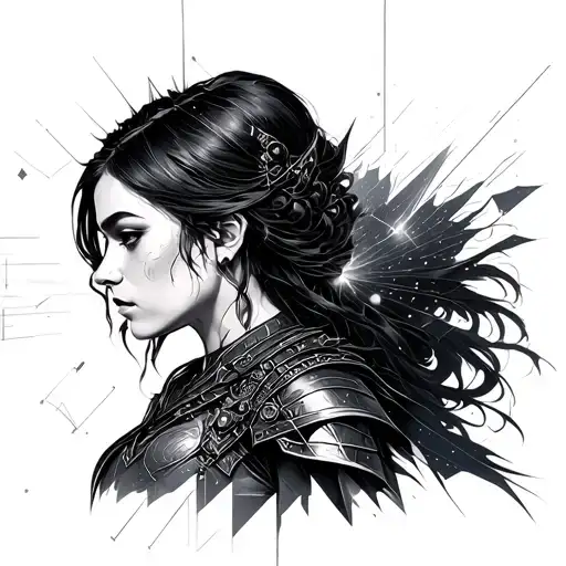 andromeda constellation geometric and female warrior fine line realism tattoo design idea