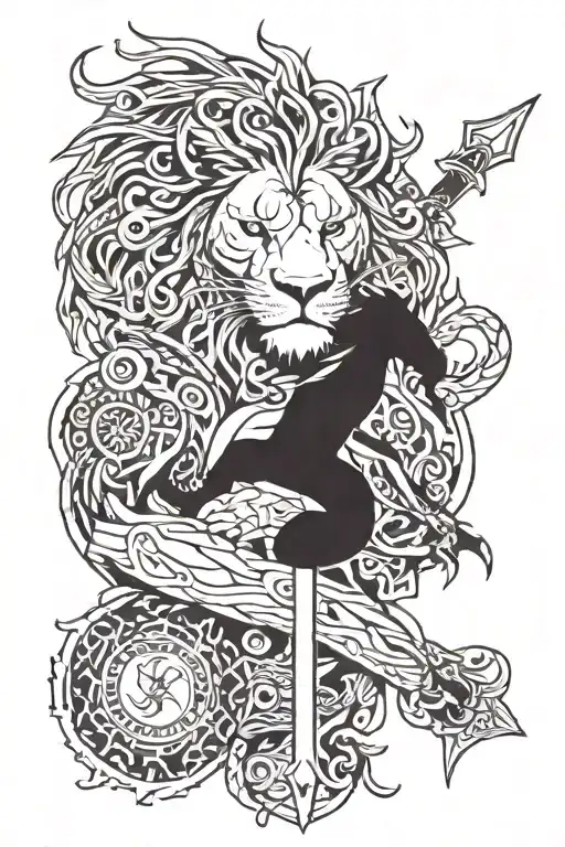 a lion holding sword and a dragon wrapped hand holding tattoo design idea