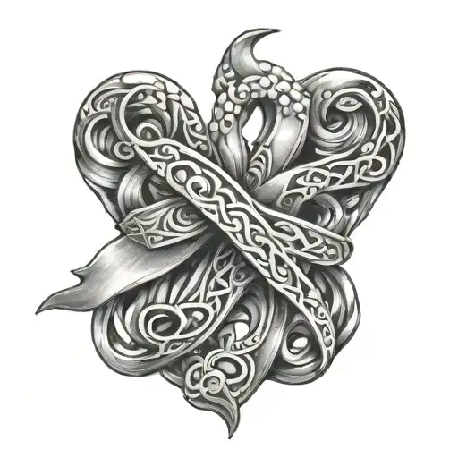 breast cancer ribbion woven into heart   tattoo design idea