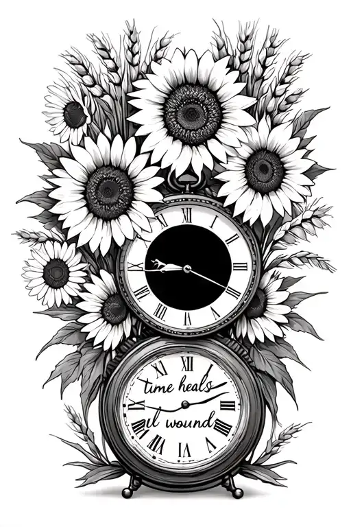 Sunflowers and daisies, a small old fashion clock, wheat grass and saying "time heals all wounds" in cursive tattoo design idea