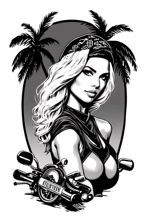 Harley Davison pin up bombshell blonde shoulders up only with bandana on and motorcycle smaller with palm tree back roun tattoo design idea
