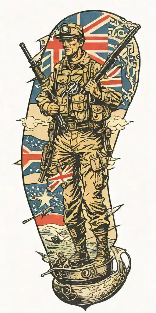 war soldier with Australian flag and boats and planes tattoo design idea