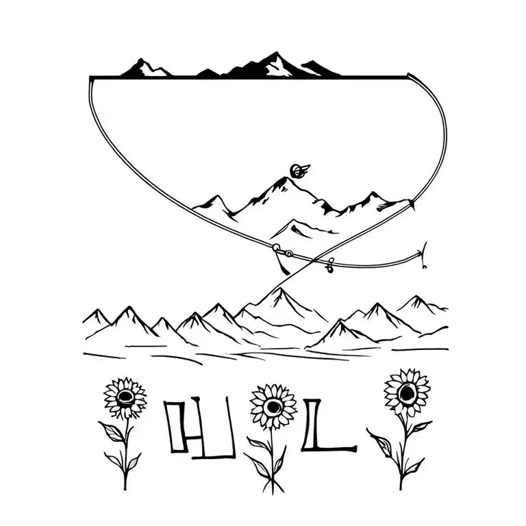 mountains, lake, fly fishing rod with line that forms the letters HDL across water, sunflowers at bottom of mountains tattoo design idea