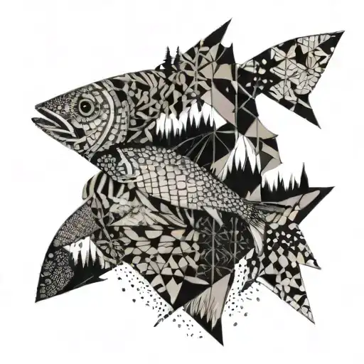 Mountains, lakes, hunting, all inside a fish shape that looks like patchwork sewn on tattoo design idea