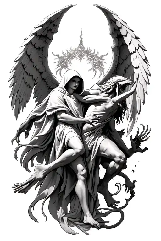 hooded arch angel defeating a demon tattoo design idea