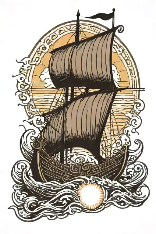 Viking ship sails from the center. In the background the sun tattoo design idea