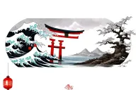 Japanese waves + torii + Japanese lantern + Japanese cherry tree tattoo design idea