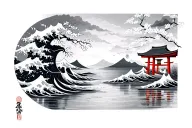 Japanese waves + torii + Japanese lantern + Japanese cherry tree tattoo design idea