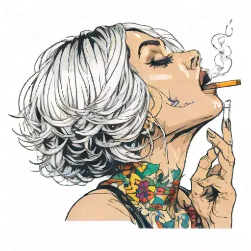 Sexy girl, Huge cleavage, petite, torn clothing, short white bob hairstyle, smoking a cigarette in mouth, side view tattoo design idea