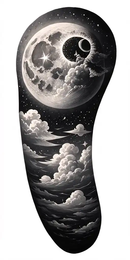 moon, sun, stars, clouds fading tattoo design idea