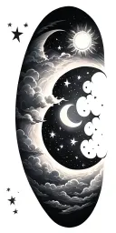 moon, sun, stars, clouds fading tattoo design idea