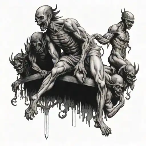 Demons repeating anorexia, lust, depression, and loneliness pulling a man downward as the man reaches upward towards tattoo design idea