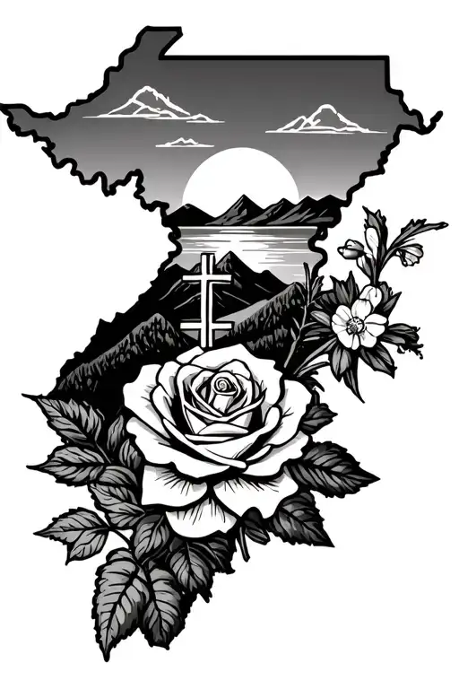 West Virginia mountains, stream, sunset, cross, rose, daffodil, West Virginia outline tattoo design idea