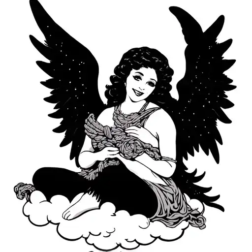 40's round-faced, black-haired female angel sitting on a cloud and crocheting a scarf happily, sunset, heaven tattoo design idea