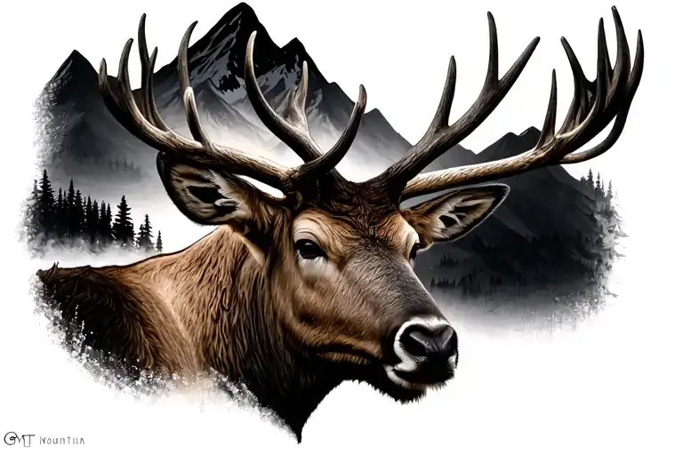 elk head mountain black tattoo design idea