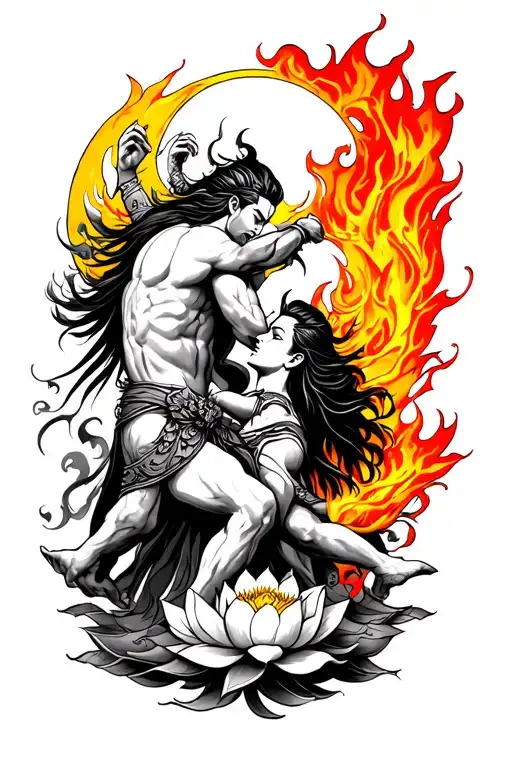 Inner bicep and lower forearm sleeve of the japenese god of war and god of love in a battle royal with fire and lotus fl tattoo design idea