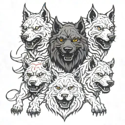 A modern interpretation of Cerberus with each head representing a different aspect of horror (fear, terror, dread) tattoo design idea