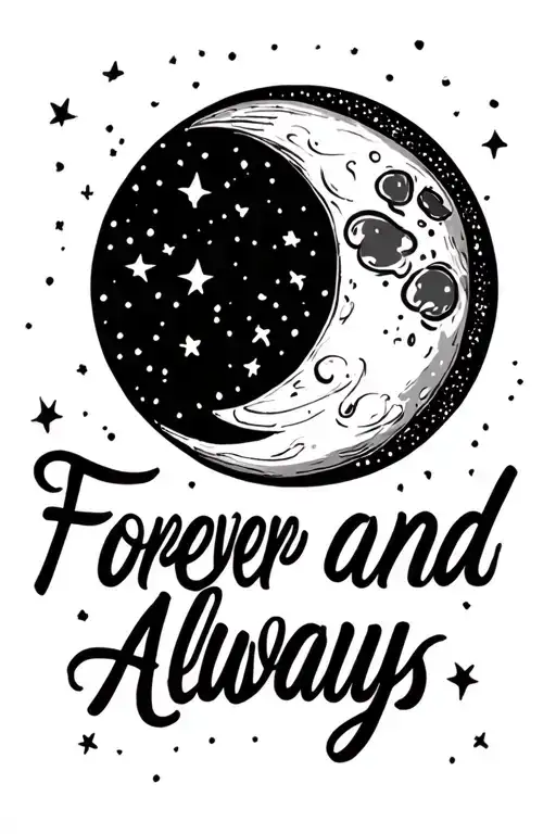 moon with forever and always in cursive writing tattoo design idea