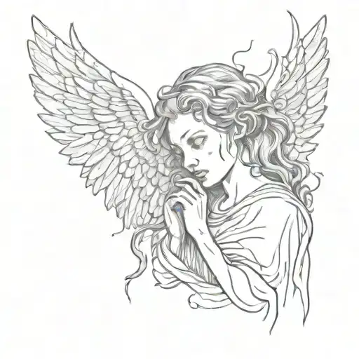 Biblical angel with many wings and crying eyes with blood tattoo design idea