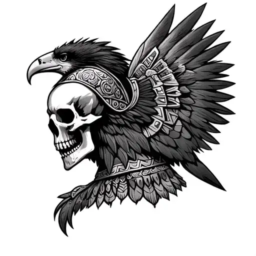 Skull wearing aztec eagle warrior armor tattoo design idea