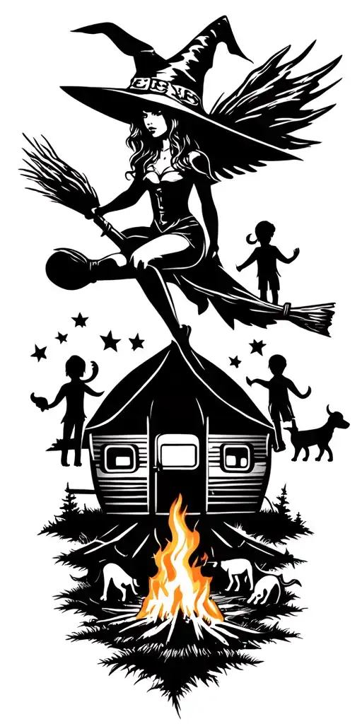 silhouette of sexy witch flying on broomstick over a campsite with a trailer and campfire with 3 boy children & 2 dogs  tattoo design idea