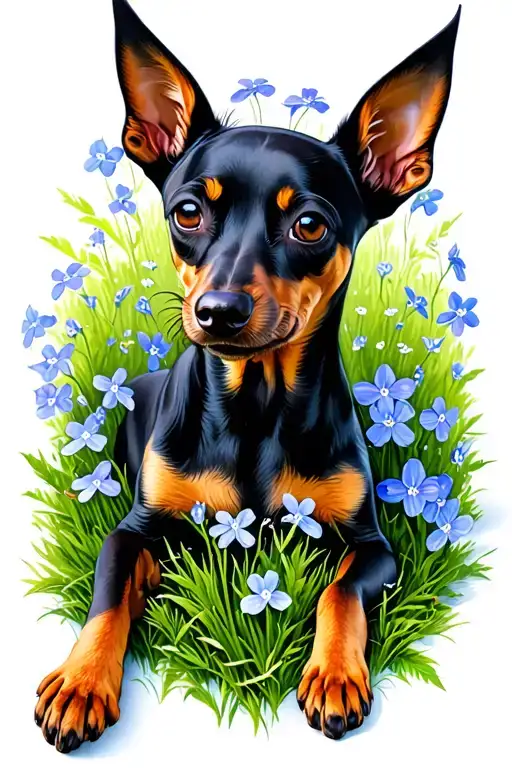 miniature pinscher laying down in a field of forget me not flowers tattoo design idea