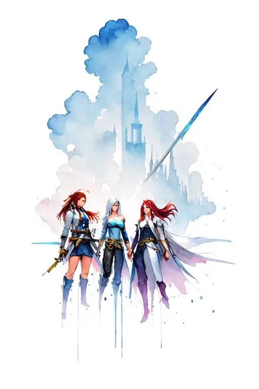 final fantasy vii characters in the burning city of nibbleheim. include cloud, tifa, Vincent, aerith, and sephiroth tattoo design idea