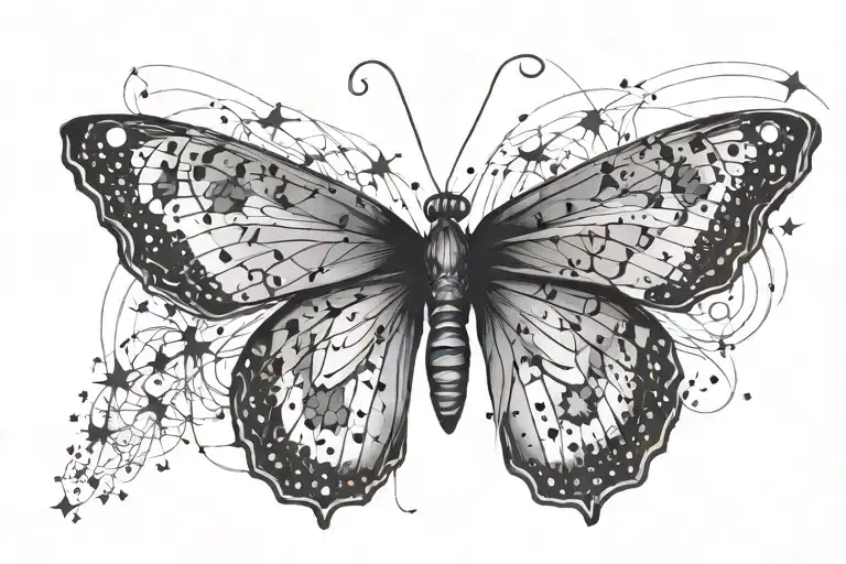 butterfly (Not realistic) with Lines and Details Like Stars and points  tattoo design idea