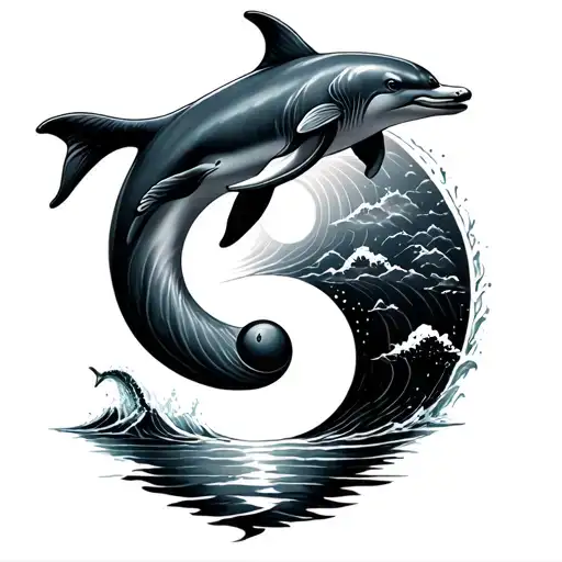 yin and yang symbol and dolphins jumping with sunset tattoo design idea