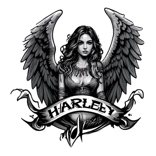 Name Harley with angel wings tattoo design idea