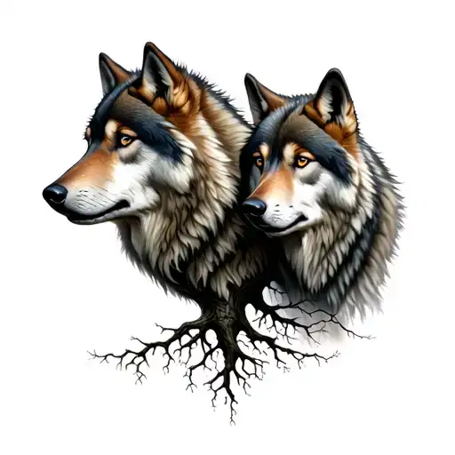 two wolves constituting the roots of the tree of life whose trunk is a woman's face tattoo design idea
