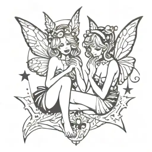 baddie fairies holding laugh now cry later mask with gemini symbol on top and sparkles stars surrounding (one kneeling)  tattoo design idea