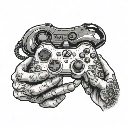 mans hands holding an xbox controller and princess crown tattoo design idea