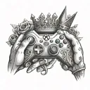 mans hands holding an xbox controller and princess crown tattoo design idea