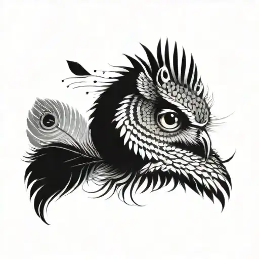 Owl head and peacock feather tattoo design idea