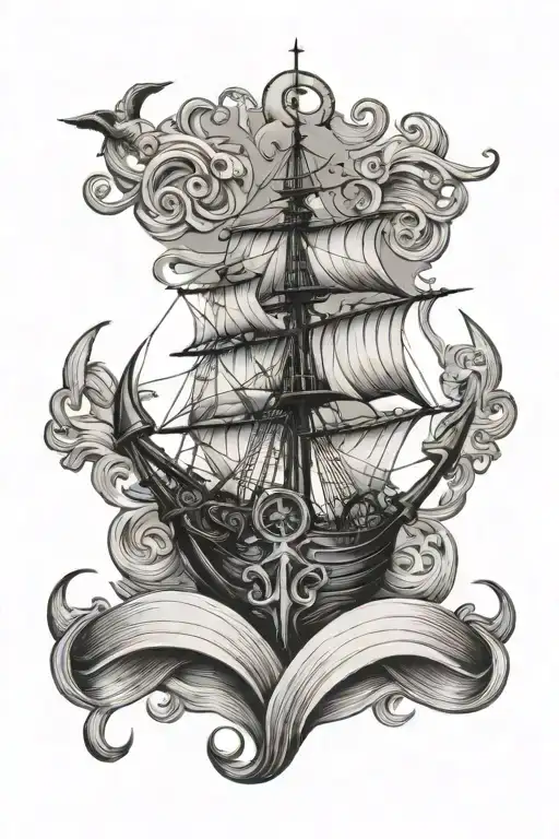 anchor and waves and sailing ship tattoo design idea