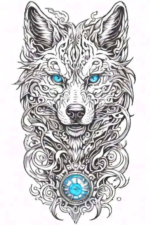 wolf blue eyes fire flames tattoo design idea