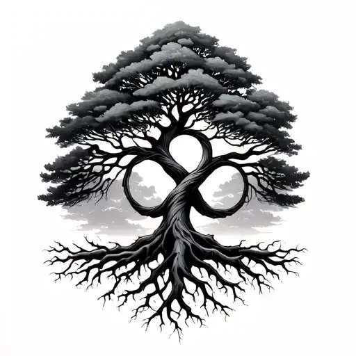 tree with roots over infinity symbol intertwined tattoo design idea